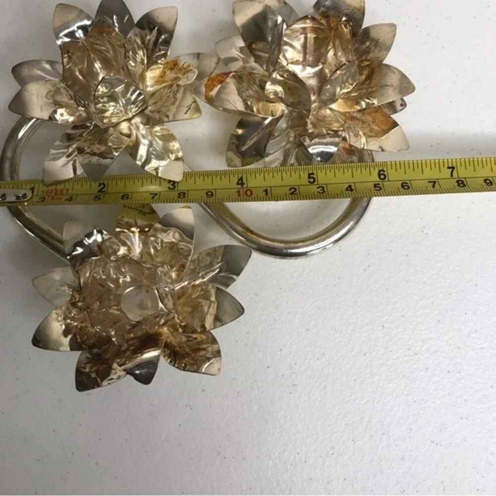 Vintage Triple Flower Candlestick Holder Silver Tone Candelabra Patina Holiday